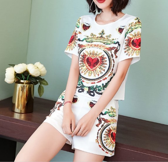 Runway Zomer Kleding Set Vrouwen Vintage Ketting Gedrukt Blouses Korte Mouwen Tops En Retro Patroon Shorts Broek Pak NS846