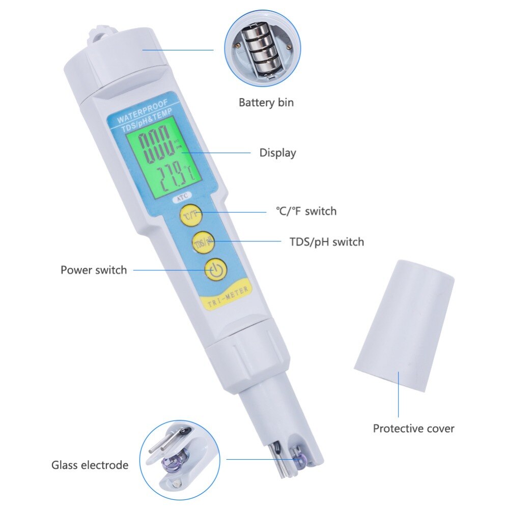 Professionele 3 In 1 Drinkwater Analyzer Ph Monitor Tds Ph Meter Voor Aquarium Acidometer Tds/Ph/temp Meting Tool