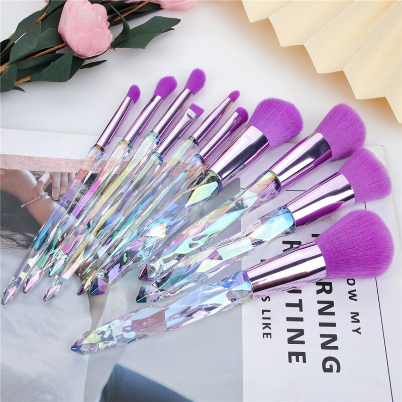 Ronshadow 10Pcs Diamond Crystal Makeup Brushes Set Powder Foundation Eyeshadow Eyebrow Blush Cosmetic Make Up Brush Tool: 10pcs Purple