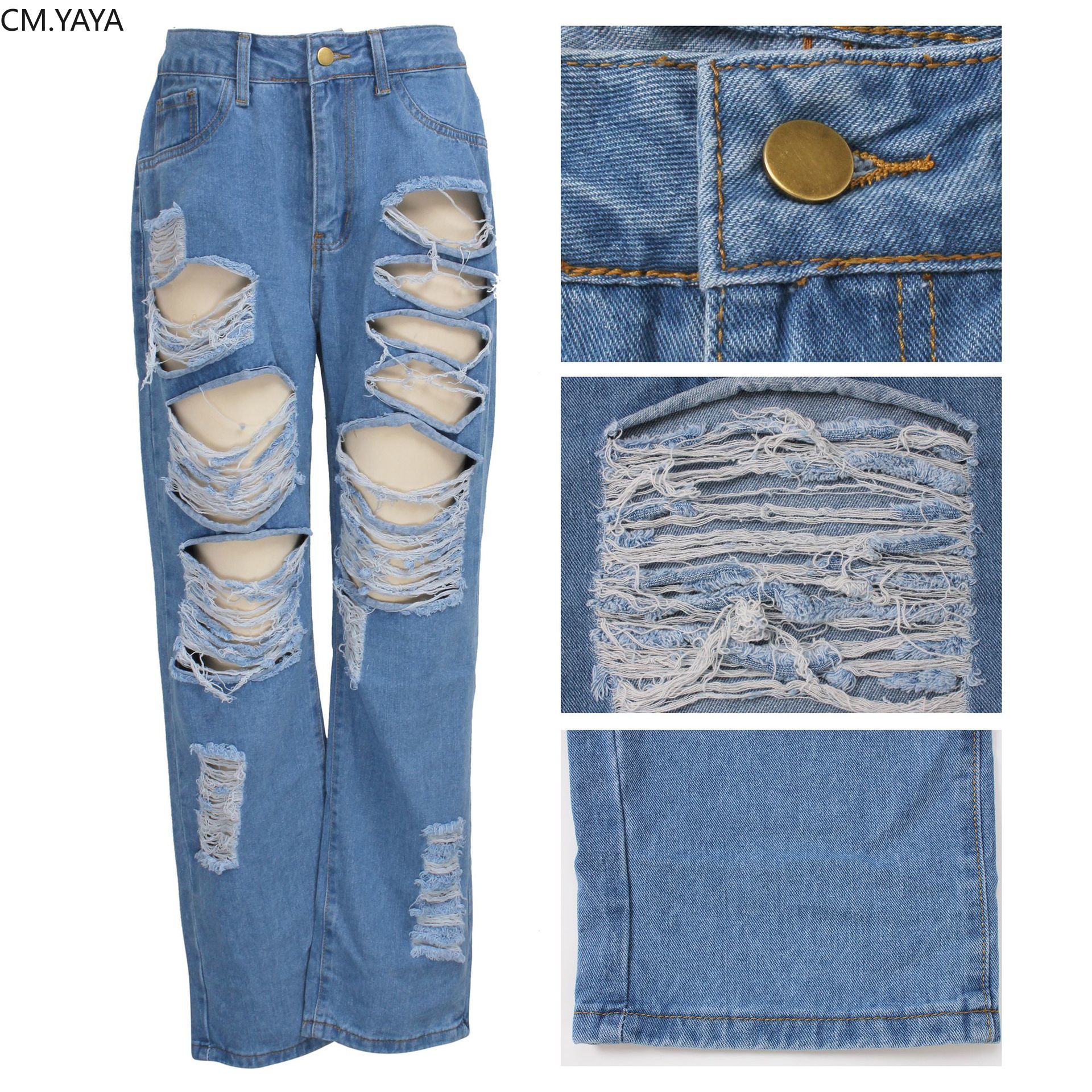 CM.YAYA-pantalon Denim ajouré pour femme, rétro délavé, pantalon Sexy déchiré, Skinny, taille haute, pour femmes