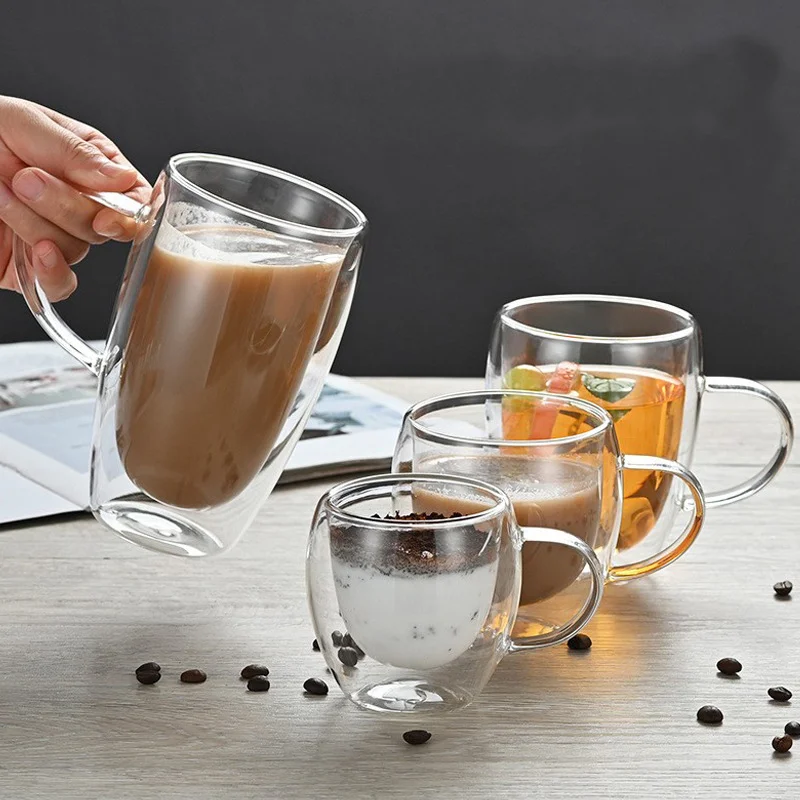 Dubbelwandige glazen beker koffiekopje koffiewaren mok transparante muur hoge borosilicaat waterbekers hittebestendig handvat espressokopje