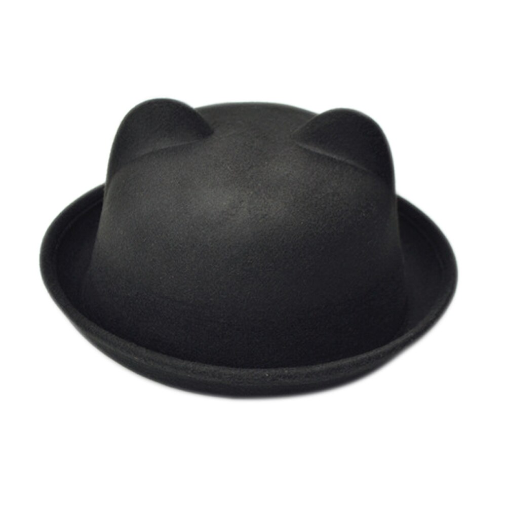 Women Cat Ears Cap Jazz Bowler Felt Fedora Hat Spring Autumn Cylinder Caps Bonnet: Black