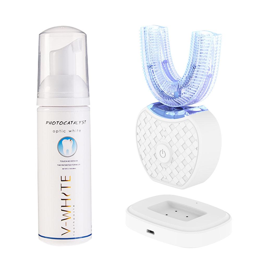 360 Degree Automatic Fast Electric Toothbrush Hands Free Automatic Whitening 360 Degree Ultrasonic Toothbrush U Shape Blue Light