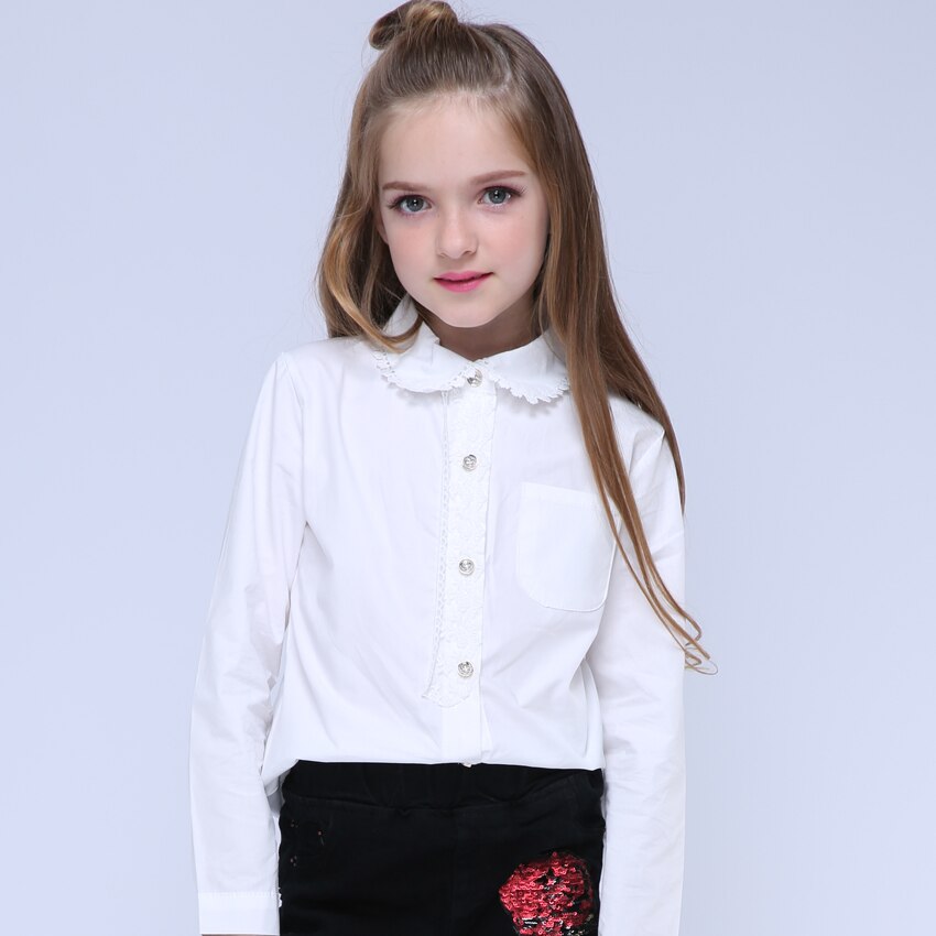 Tyttöjen pitsipaidat lapsille röyhelömyönäiset puserot syksyn lasten yksiväriset topit pitkähihaiset koulupaidat 4 8 9 12 vuotta tytöille valkoiset puserot