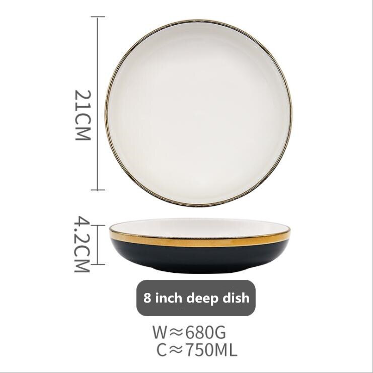 Blue Ceramic Dinner Plate Gold Edge Kitchen Plate Tableware Set Luxury Western Tray Beef Dessert Plate Cake Dish Spoon Bowl 1pc: 21 cm Deep dish