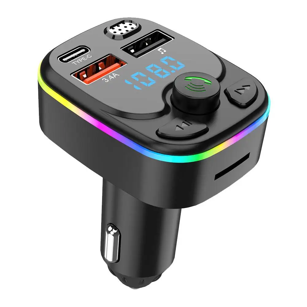 Transmisor FM manos libres Bluetooth 5,0 para coche PD tipo C Dual USB 3.4A luz ambiental colorida reproductor modulador MP3 2023