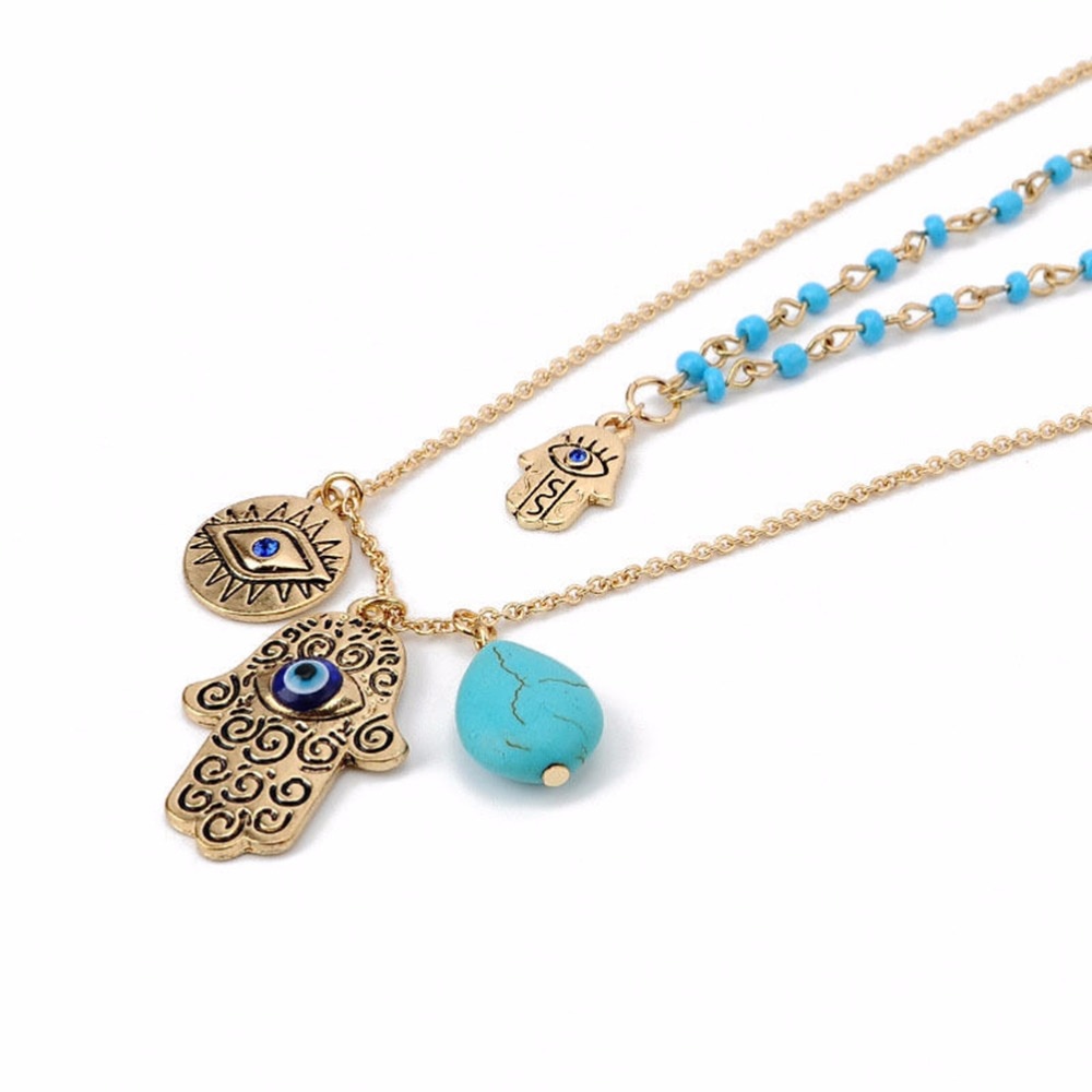 1pc necklace Women Fine Jewelry Charms Blue Evil Eye Hamsa Hand Necklace Vintage Bead Green Stone Necklaces & Pendants