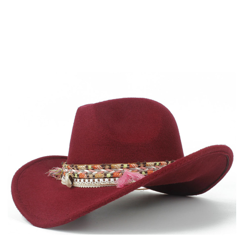 Kvinder uld hule vestlige cowboy hat dame jazz outback jazz toca sombrero cap størrelse 56-58cm: Rødvin