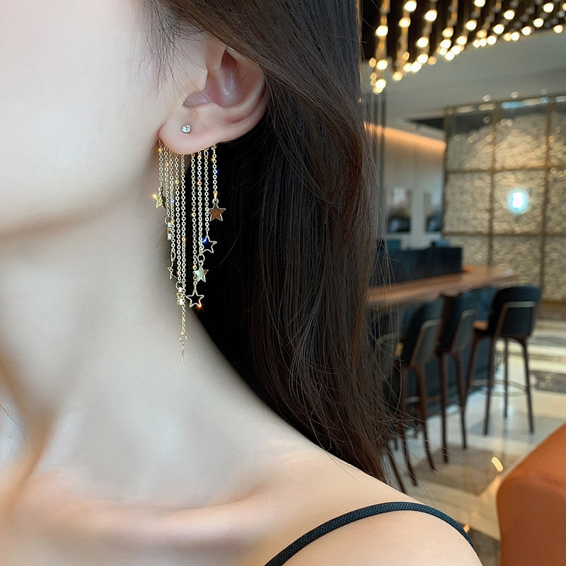 Exaggerated temperament star tassel earrings rear hanging six-pointed star earrings European and American women earrings