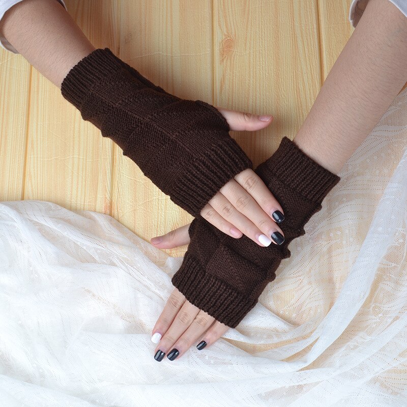 Winter Wool Half Finger Gloves Women Arm Warmer Knitted Short Gloves Arm Cover Warmth Winter Arm Cover Fingerless Mittens: coffee