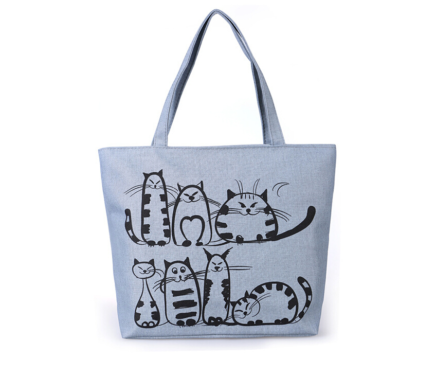 Harajuku Cartoon Cats Print Zipper Bag Canvas Shoulder Bag Messenger Satchel Tote Shopping Handbag: Gray