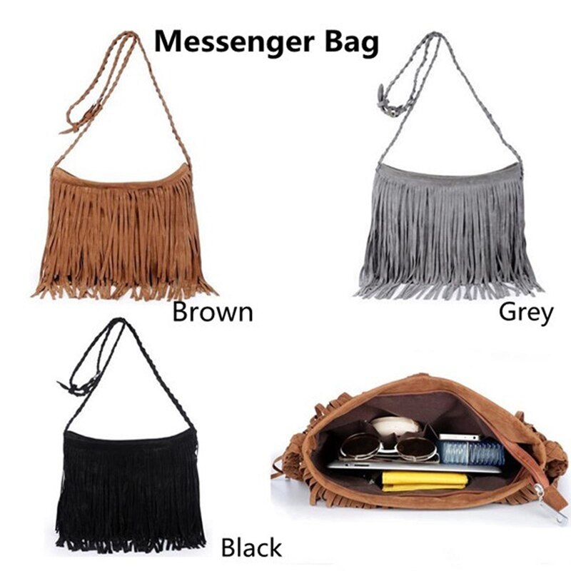 Womens Tassle Fringe Faux Suede Schouder Messenger Crossbody Handtas Portemonnee Zwart Bruin Wit