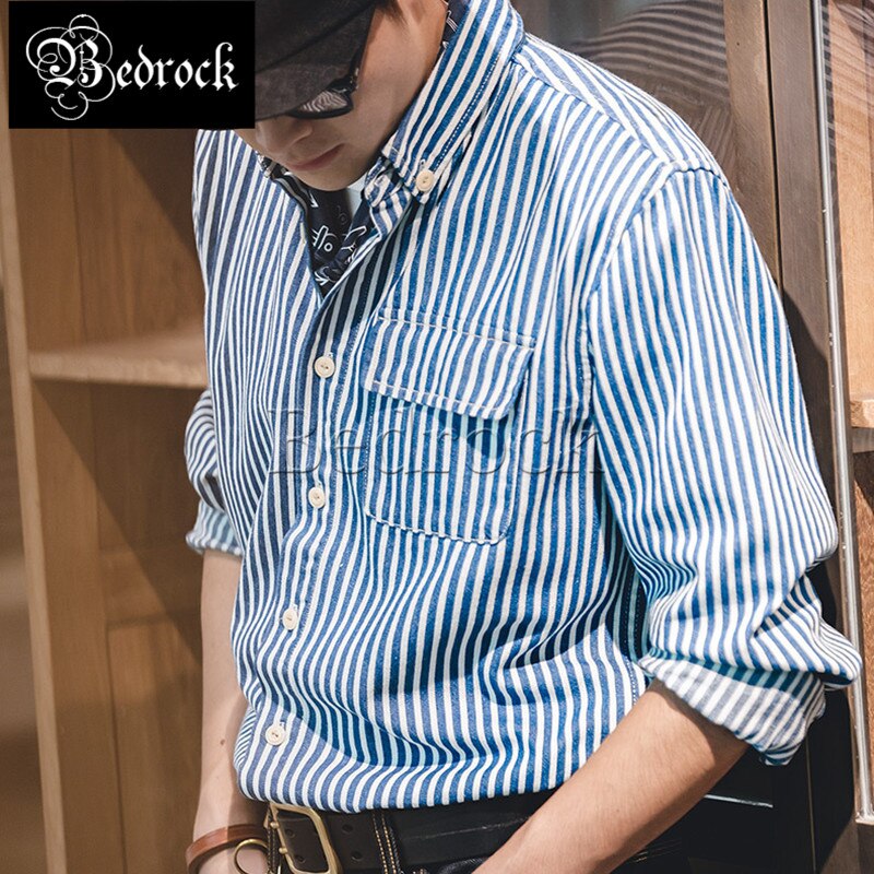 Retro blue white denim rough vertical striped shirt long-sleeved lapel Slim all-match male shirt
