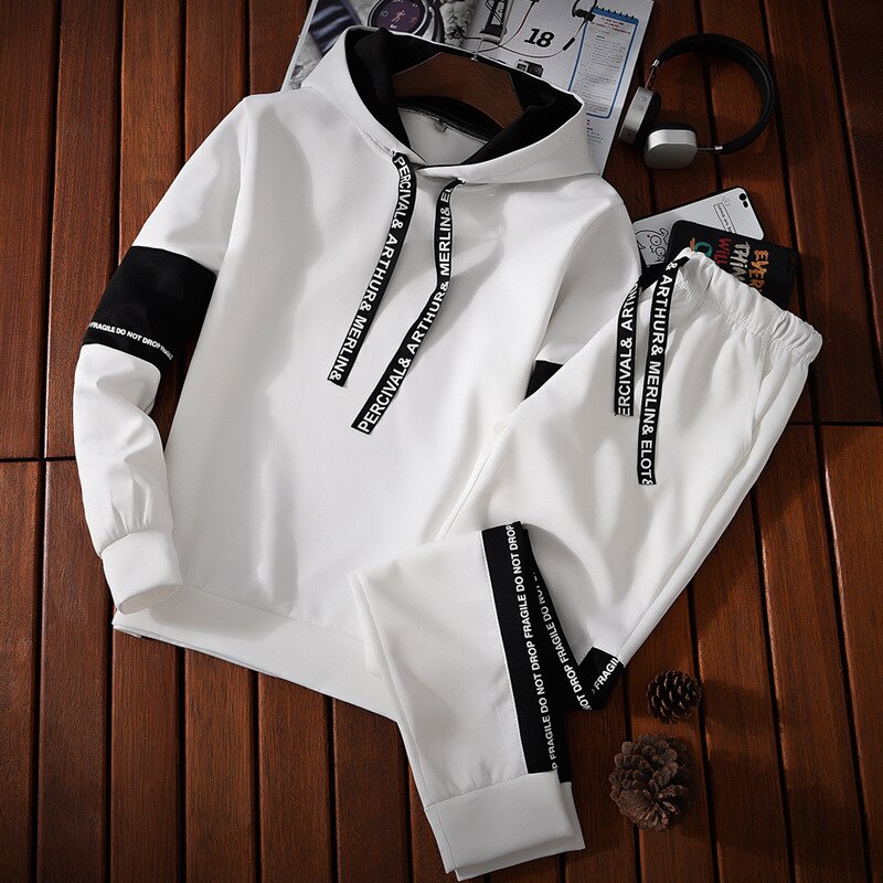 Men's Sport Leisure Suit Hooded Pullover Hoodie Two-piece Suit Long Sleeve Polyester Sport Casual Sweatshirt Suit: XXL / white