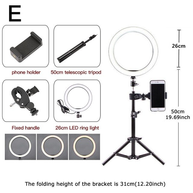 12 W 5500 K Led Vullen Ring Lamp Met Telefoon Houder Statief Usb Plug Fotografie Dimbare Selfie Make-Up 26 Cm ring Licht Video Live: Size E