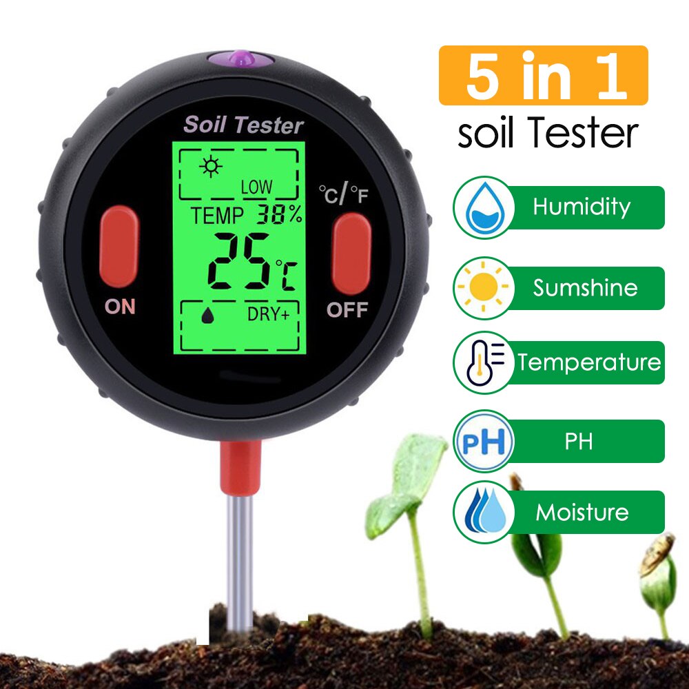 5-in-1 Moisture Meter Digital Soil pH Meter PH Levels Temperature Sunlight Intensity Humidity Tester Large Backlit LCD Display