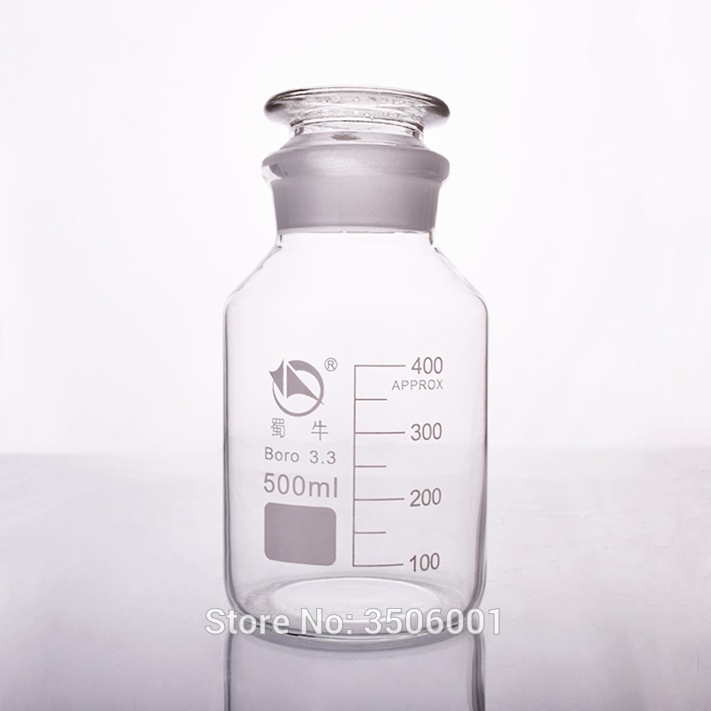 Reagens Fles, Brede Mond, Clear,Boro. 3.3 Glas, Capaciteit 500 Ml, Monsterflesjes