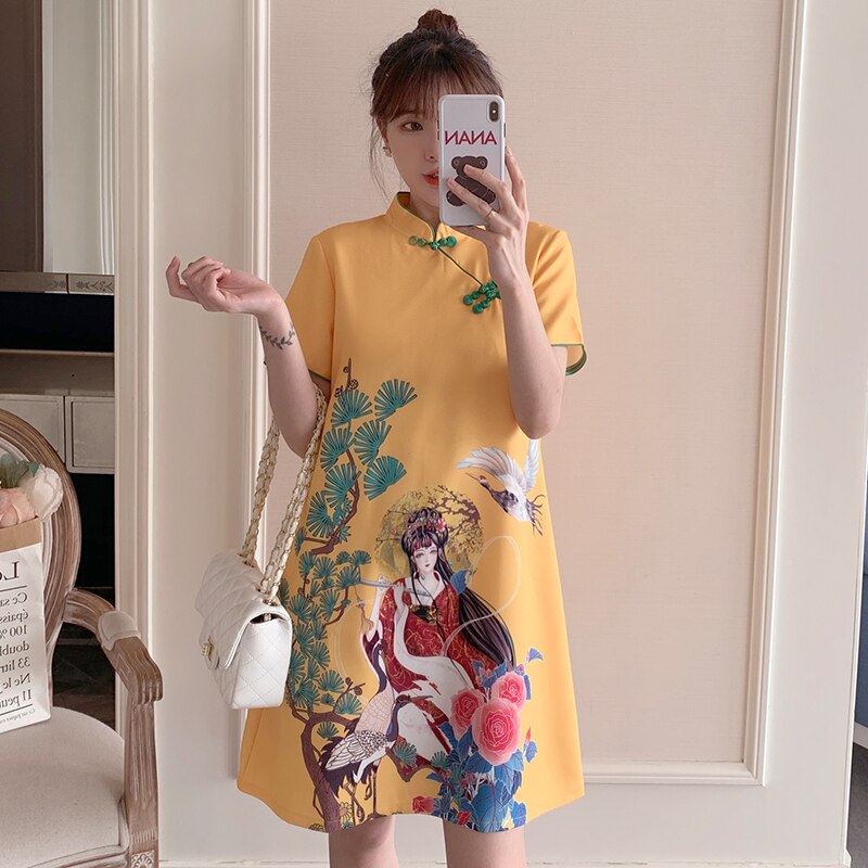 Qipao-vestido chino de talla grande para mujer, M-4XL amarillo suelto de , Cheongsam moderno de manga corta, ropa tradicional de Año
