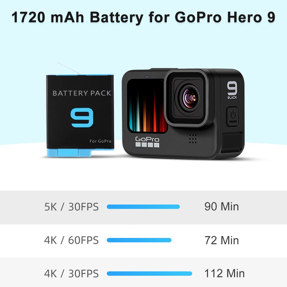 Cargador de batería para GoPro Hero 10 9, accesorios para Go Pro Hero 9 Black Battary, Cable de carga de doble puerto de 1720mAh