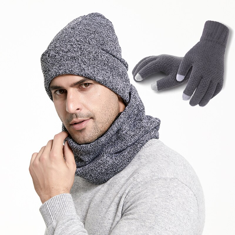 Winter Men Hats Scarves Gloves Set Knitted Plus Velvet Hat Scarf Set Kit Male 3 Pieces/Set Beanies Scarf Glove