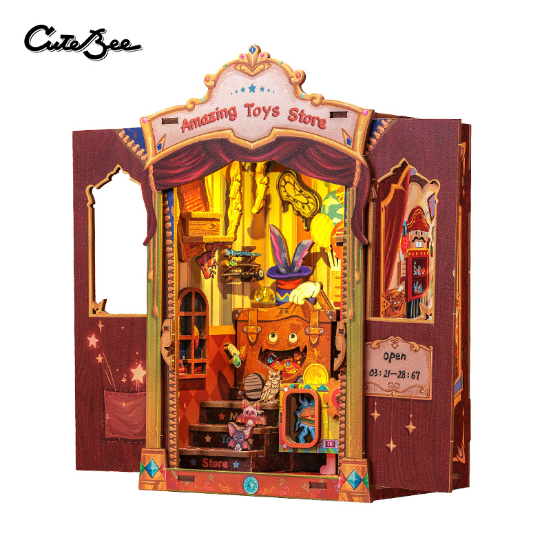 CUTEBEE Puzzle 3D DIY Book Nook Kit Wooden Bookend with Touch Light Secret Rhythm Music Booknook Building Decoration Model: Burgundy