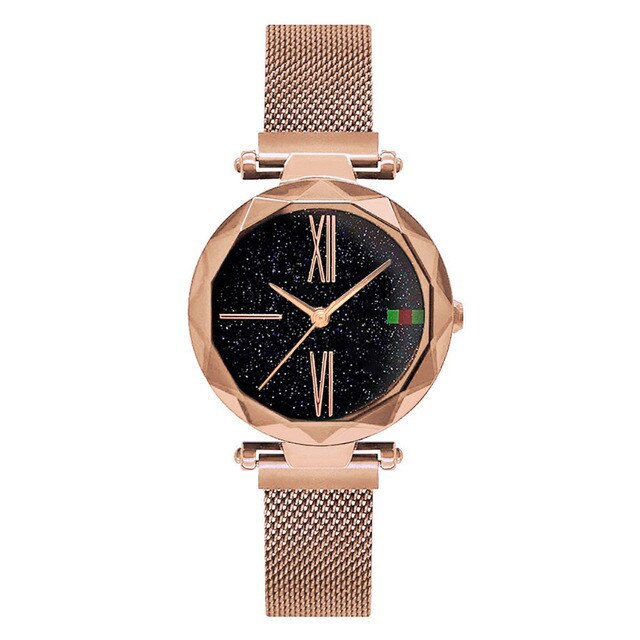 Relogio Feminino Women Starry Sky Watches Magnetic Mesh Belt Watch Women Dress Luminous Quartz Wristwatch Zegarek Damski: B Rose Gold