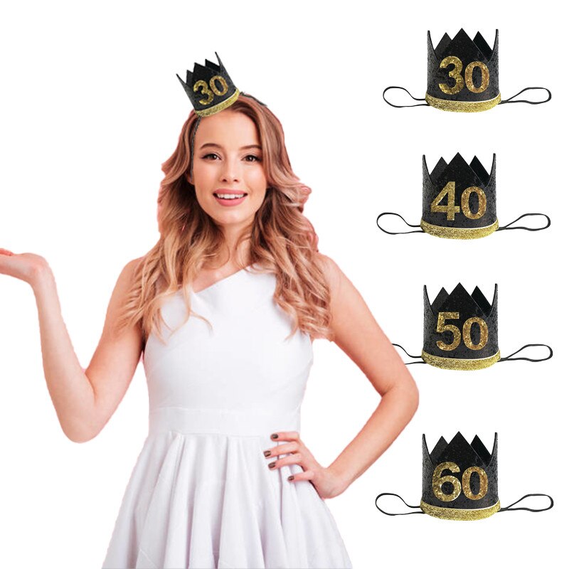 1 Uds 30 40 50 60 año diadema de corona de cumpleaños de las mujeres sombrero de adulto 30th 40th 50th Aniversario de accesorios de pelo suministro