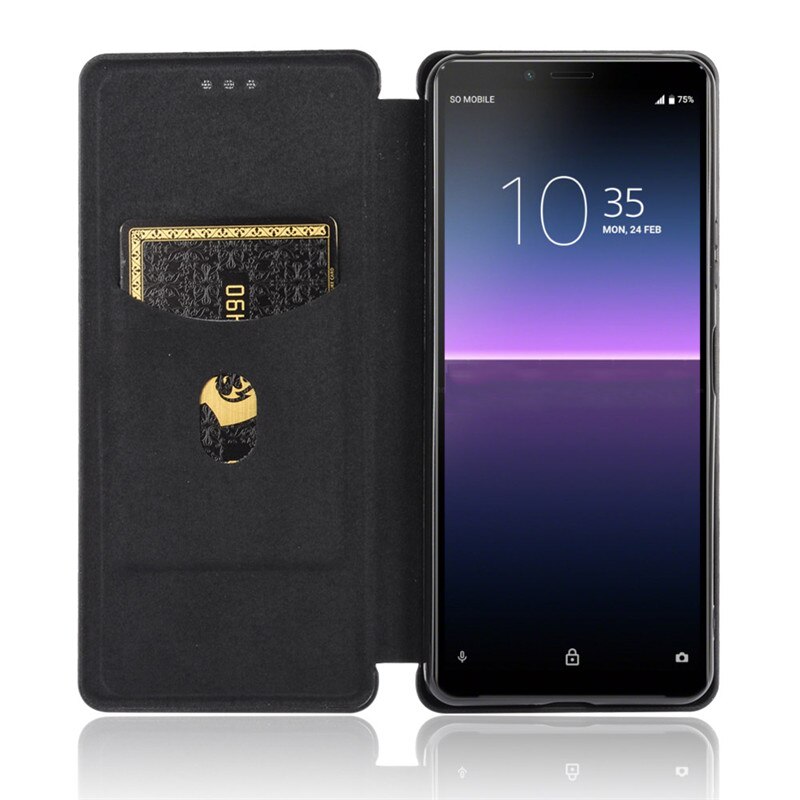 Voor Sony Xperia 10 Ii Case Carbon Fiber Pc Harde Kaarthouder Slim Leather Case Voor Sony Xperia10 Ii wallet Flip Cover