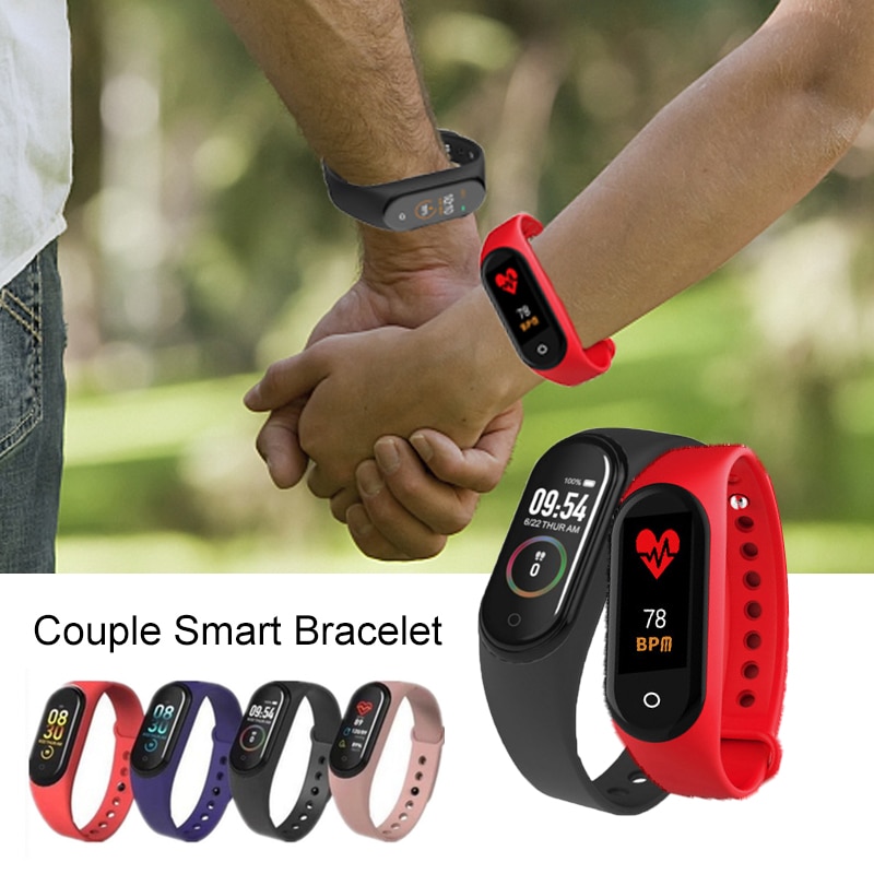 2pcs Couple M4 Smart Bracelet Heart Rate Blood Pressure Health Waterproof Smart Watch Bluetooth Watch Wristband Fitness Tracker