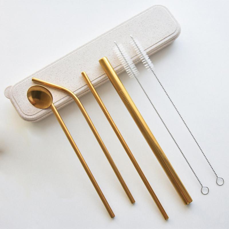 4 Pcs Metal Straw Reusable Stainless Steel Straw Set With Travel Box Cleaning Brush Drink Fruit Juice Wine Milk Tea: 02
