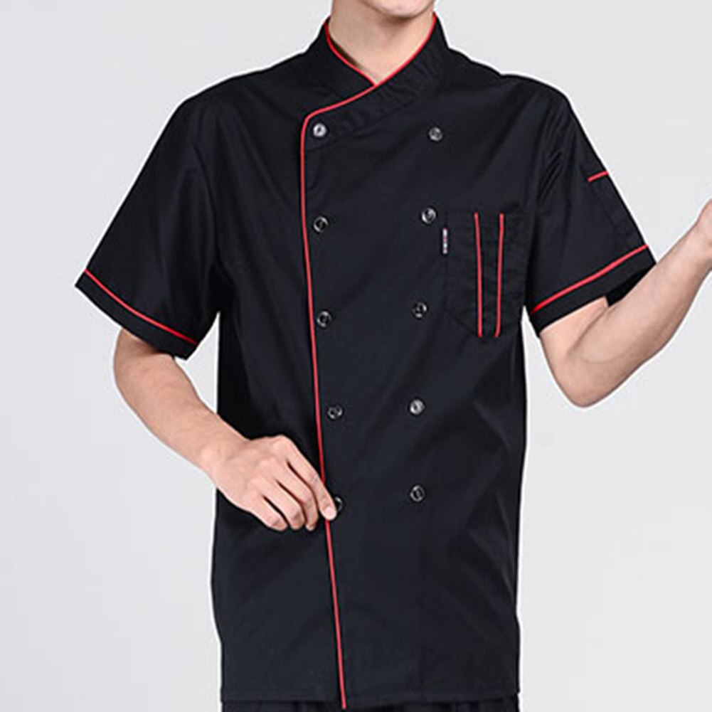 Shirt Men Short Sleeve Solid Color Stand Collar Double-breasted Chef Waiter Uniform Loose Pocket Shirt