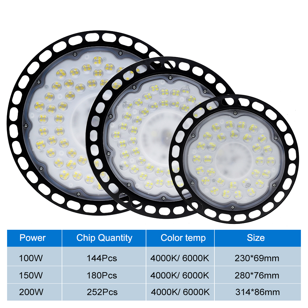 Ac220v led høybaylys 100w 150w 200w smd 2835 4000k 6000k høy lysstyrke kommersiell industriell garasje verksted ufo-lamper