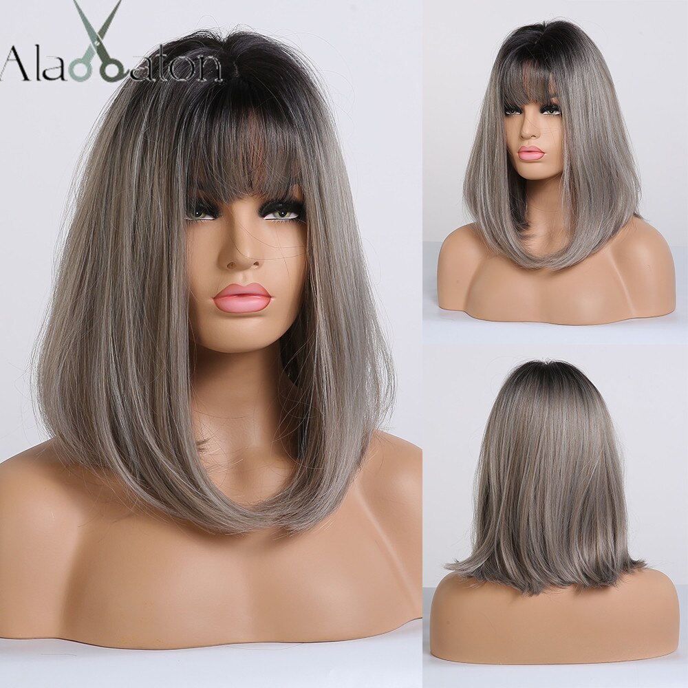 ALAN EATON Medium Bob Straight Hair Wig with Bangs Black Brown Synthetic Wigs with Highlights for Women African American Cosplay: lc246