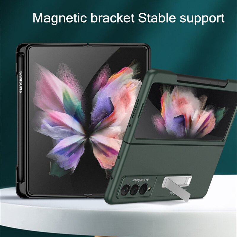 Magnetische Kickstand Pen Houder Slot Case Voor Samsung Galaxy Z Vouw 3 Case Met Mobiele Telefoon Stylus Pen Matte Hard pc Cover