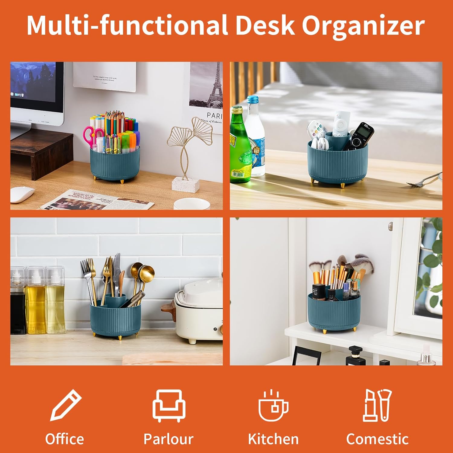 Desk Organizer, 360-Degree Rotating Pen Holder for Desk with 5 Compartments Pencil Organizer, Storage Box Caddy for Office, Home