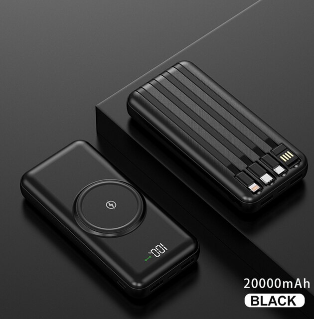 Caseier 20000 mah powerbank trådløs oplader til iphone 12 mini pro max 10000 mah powerbank indbygget kabel til samsung poverbank: 20000 mah sort