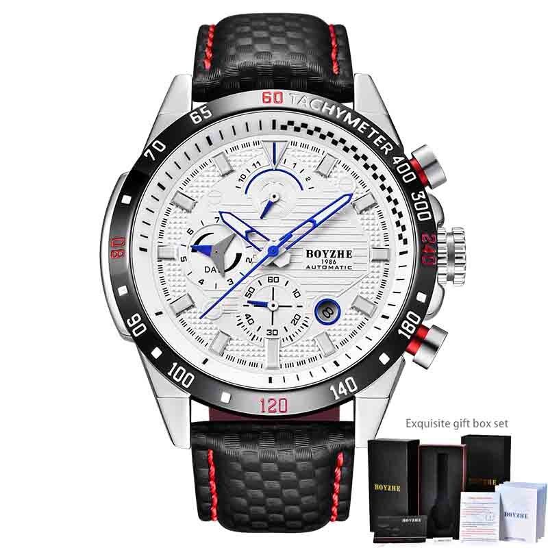 BOYZHE Sport Automatische Uhr Männer Edelstahl Chronograph Herren Mechanische Uhren Auto Datum Luxus montre homme: Weiß Schwarz Leder
