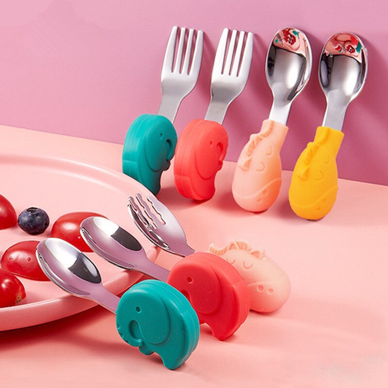 Baby Gadgets Tableware Set Children Utensil Stainless Steel Toddler Dinnerware Cutlery Cartoon Infant Food Feeding Spoon Fork