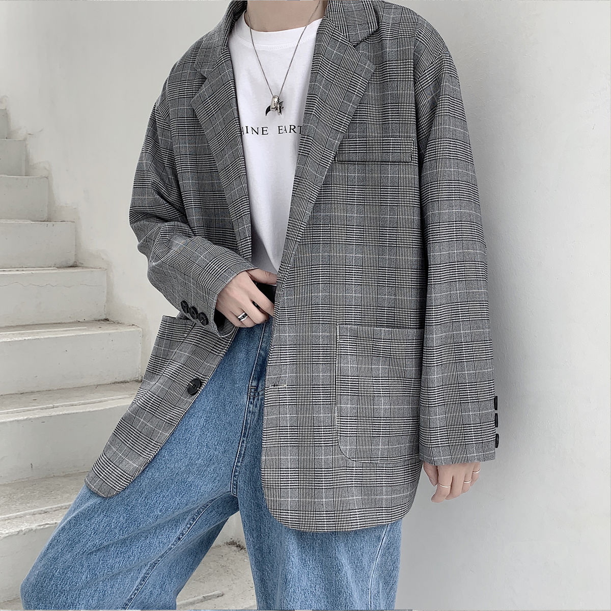 Herre langærmet plaid print blazere jakkesæt løs frakker western tøj tøj overtøj s-xl