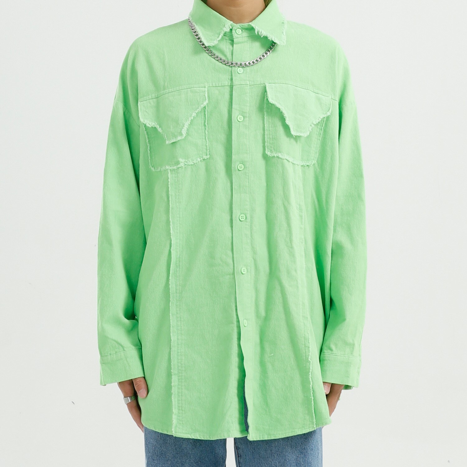 Menn kordfløyel ødelagt vintage stil bokstavtrykk langermet uformell løs skjorte mannlige kvinner par streetwear hip hop dress skjorter
