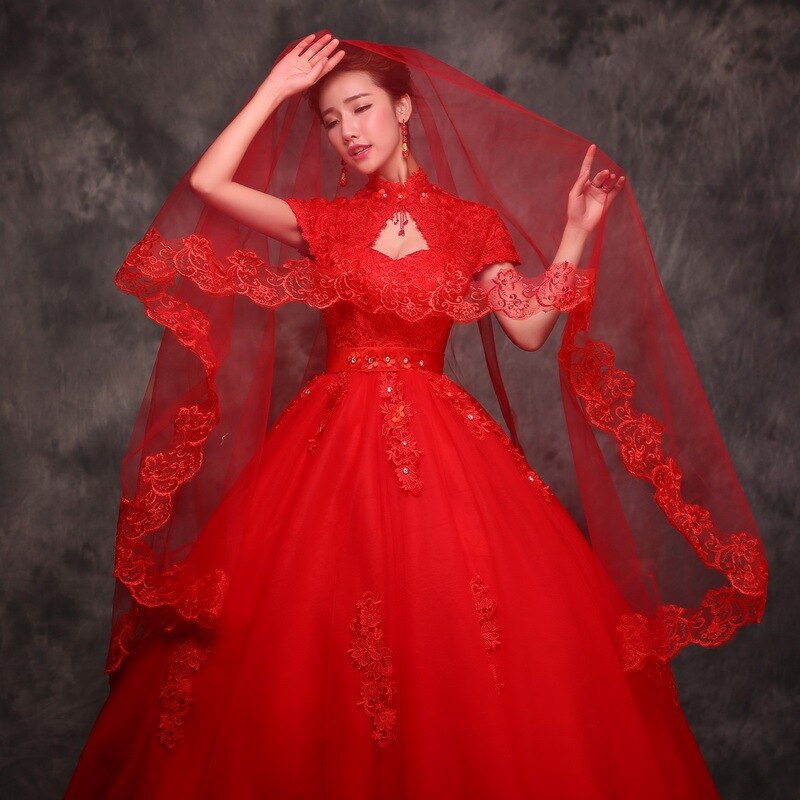 Red Bridal Veil Lace Short Elbow Wedding Veil Appliques Bride Veils