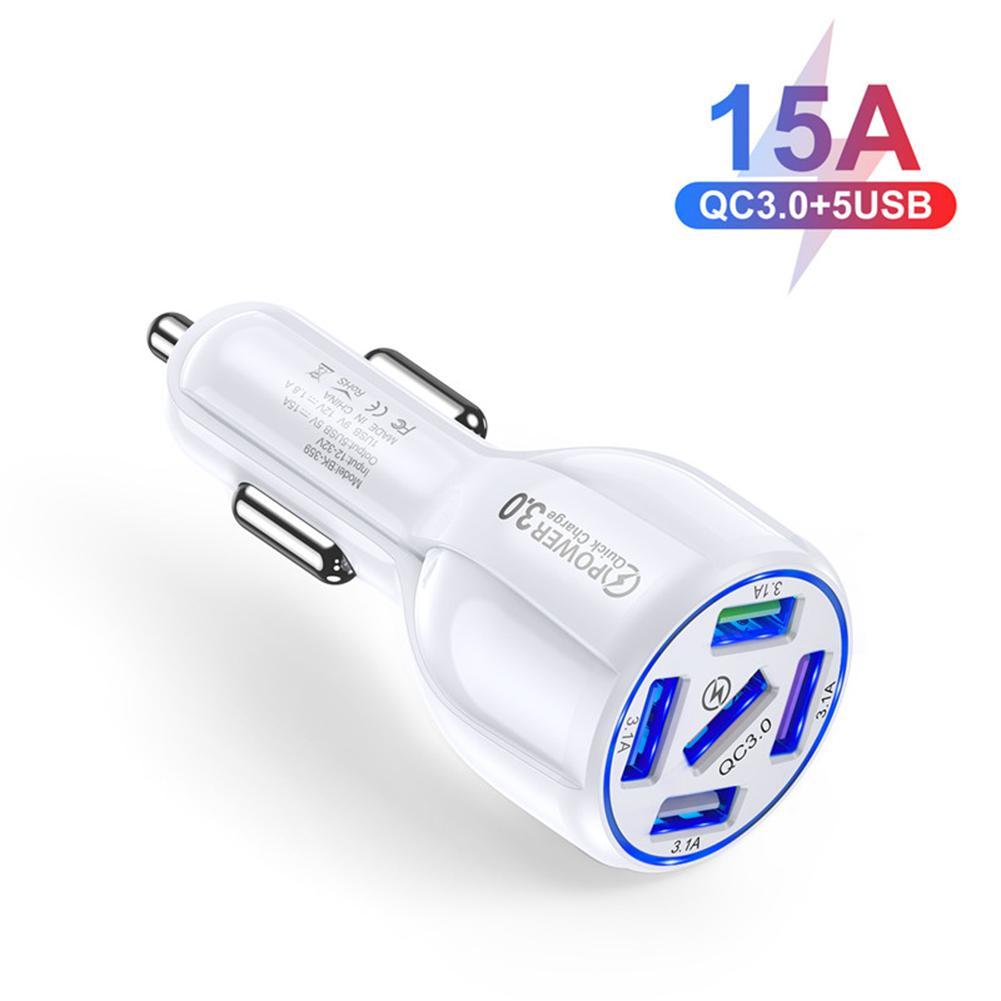 15A 5 Ports USB Car Charge Mini LED Fast Charging For iPhone 12 Xiaomi Huawei Mobile Phone Charger Adapter in Car Tablet: white