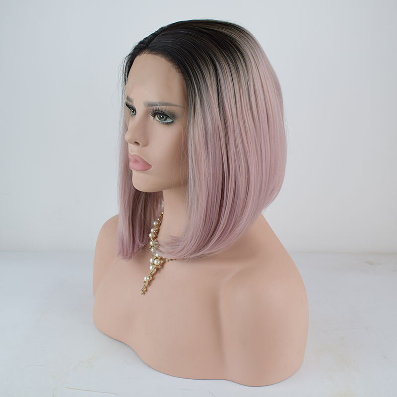Bombshell Korte Rechte Bob Synthetisch Haar Lace Front Pruik Zwart Ombre Roze Hittebestendige Vezel Haar Middelste Deel Voor Vrouwen pruiken