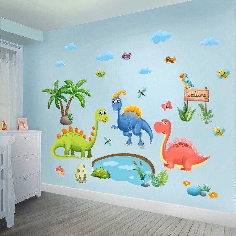 [shijuekongjian] dinosaurier djur väggdekal diy tecknade fåglar träd väggdekaler för barnrum baby sovrum barnkammare dekoration