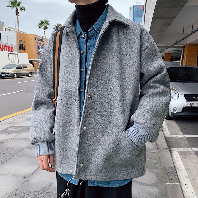 Vinter kort yllerock herr slimmade enfärgade casual yllejackor herr streetwear vild koreansk stil yllerock herr