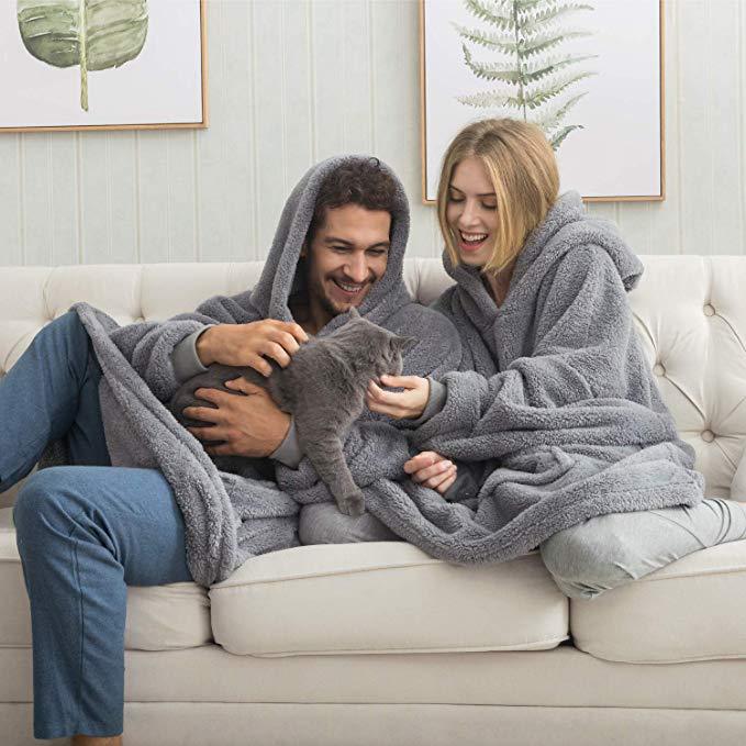 Winter Warm TV Sofa Blanket with Sleeves Fleece Pocket Hooded Weighted Blanket Adults Kids Oversized Sweatshirt Blanket for Bed