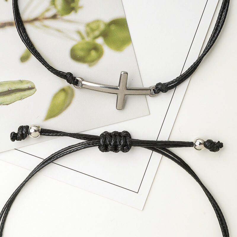 Handmade Edelstahl Kreuz Charme Wachs Schnur Geflochtene Karte Armband
