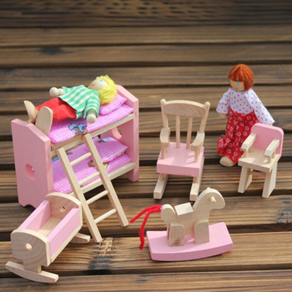 Pink Bathroom Furniture Bunk Bed House Furniture for Dolls Wood Miniature Furniture Wooden Toys for Children Birthday Xmas