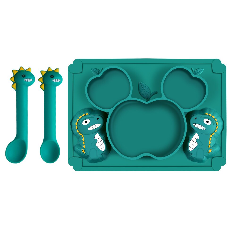 Silicone Baby Zuignap Plaat Slabbetjes Voeden Set Servies Bestek Kinderen Rvs Lepel En Vork Doseren Gerechten Din: Green 3pcs C