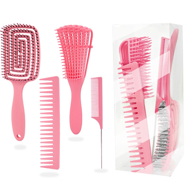 Detangling borste 4 delar hårborste set för afro lockigt krulligt långt hår knutar detangler lätt att rengöra hårvård stylingverktyg: Rosa